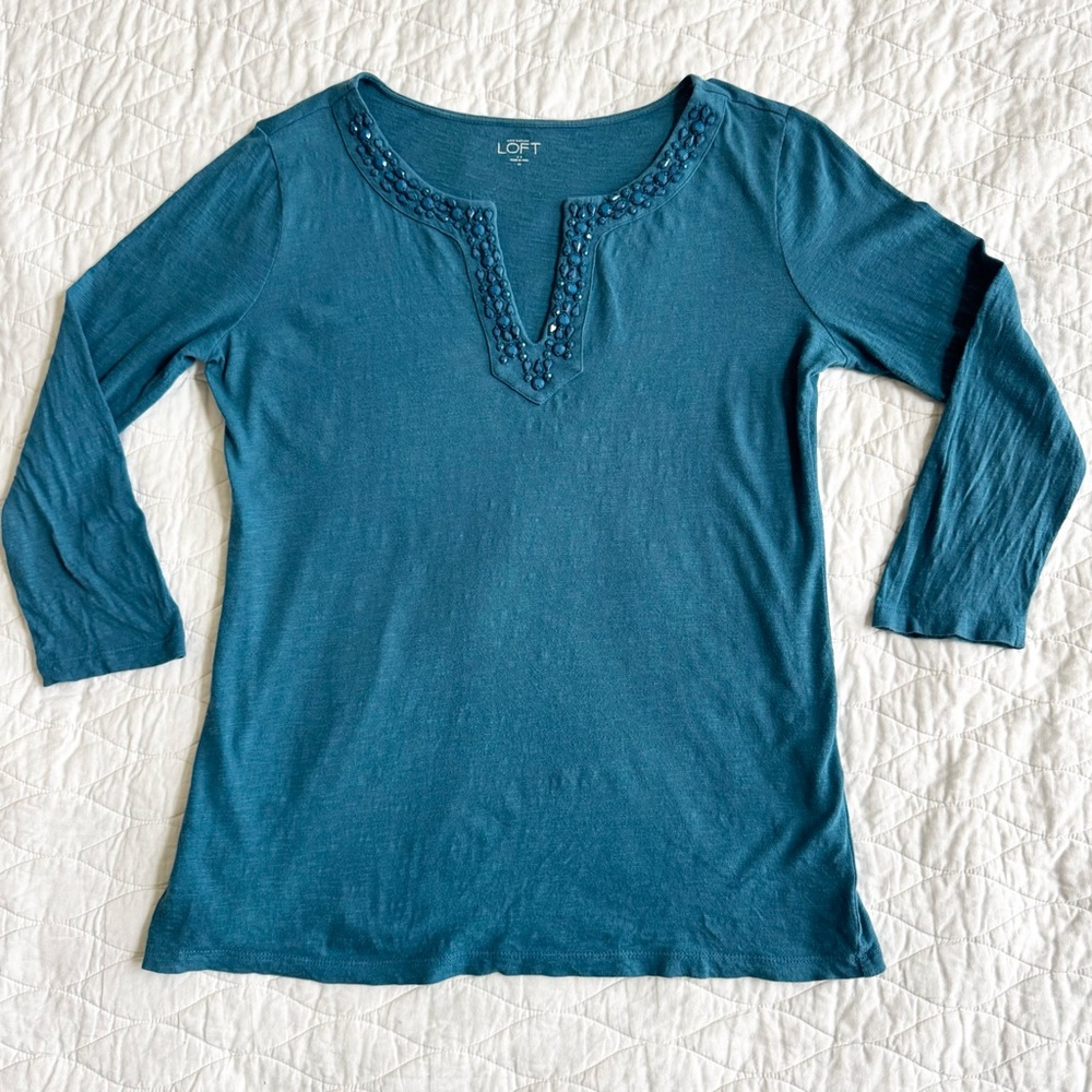 LOFT Beaded Split-Neck Tunic Womens Size M Teal Boho Western Coastal Cowgirl Top